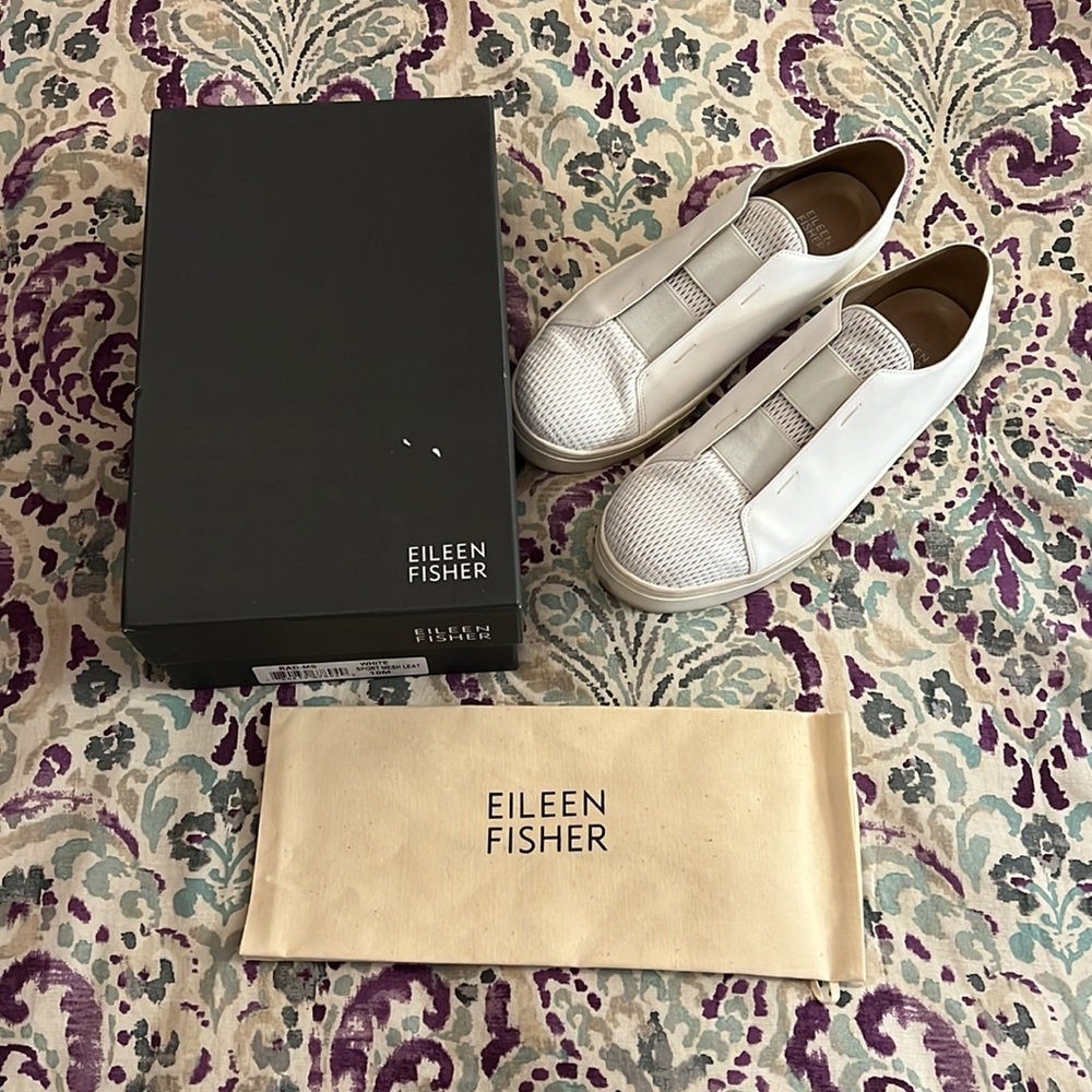EUC Eileen Fisher Rad US Platform Slip-On Sneakers White Sport Mesh Leather 10M